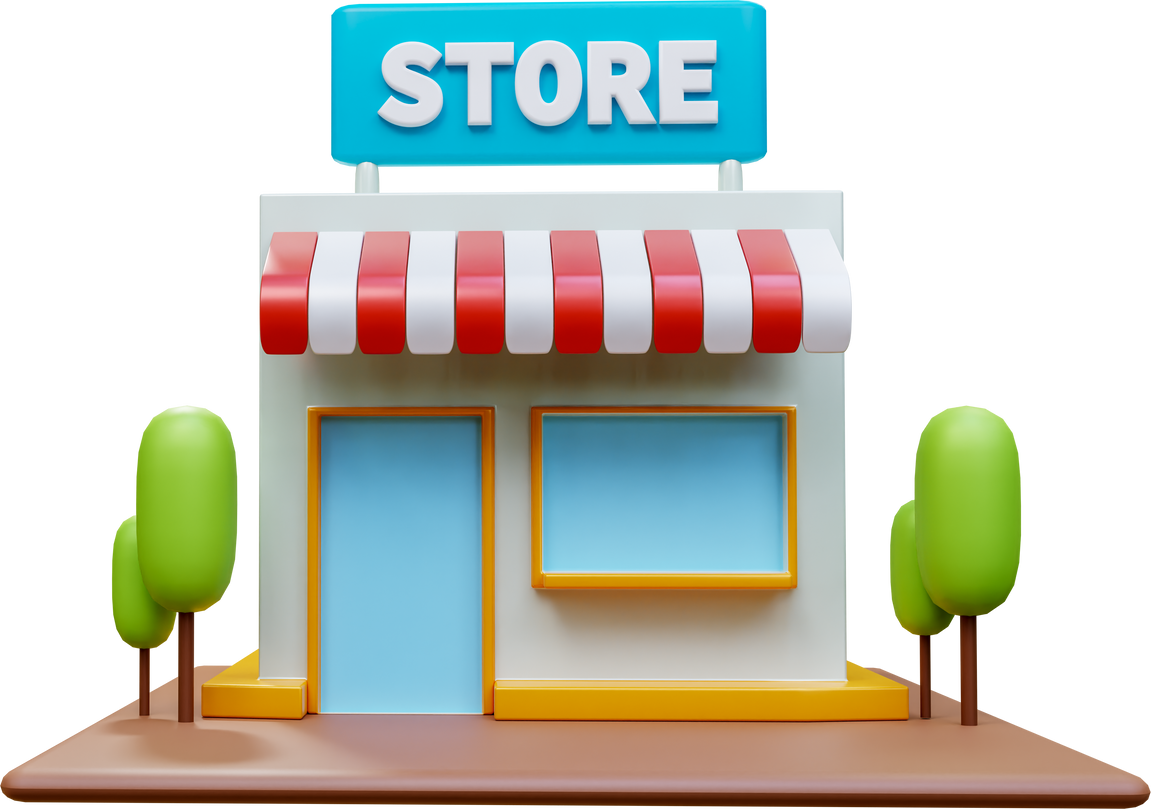 3D Convenience Store Building with awning and tree. Online shopping Concepts.  Commercial architecture exterior street retail market local store. Sale storefront small business. 3d rendering
